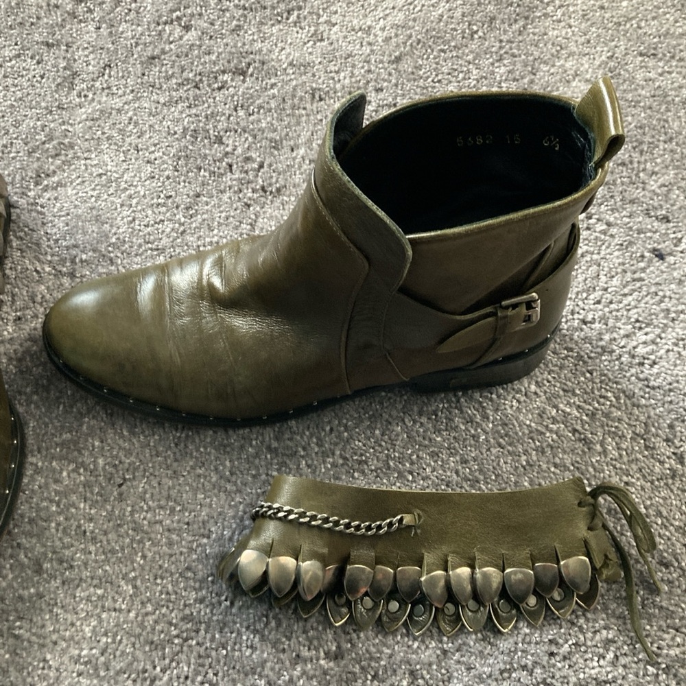 Olive Green Leather Ankle Boots with Buckle